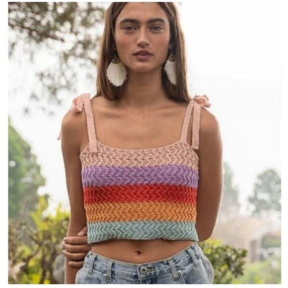 NWOT POL Tie-Shoulder Crochet Crop Top – Rainbow Stripes - Picture 4 of 9